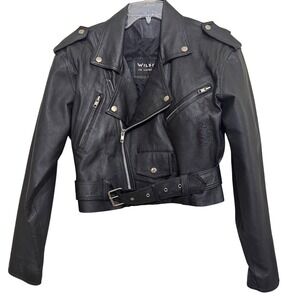 Wilsons Leather Womens Black Cropped Moto Biker Jacket American Flag Patch Small